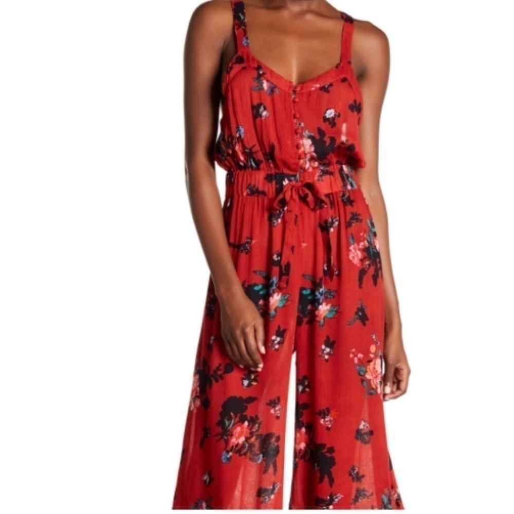 Free People One Moonlight Garden Red Floral Sleeveless Jumpsuit Size Medium